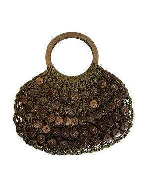 Blue Miami Green Brown Button Design Crochet Wood Circle Handles Boho Retro